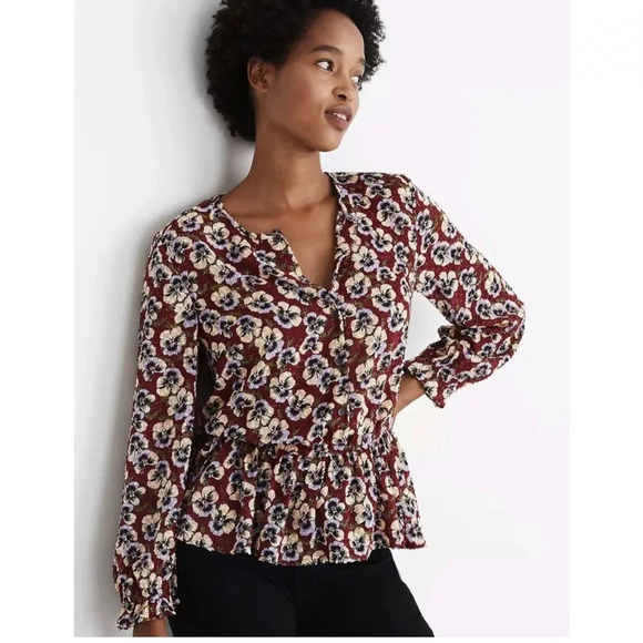 NEW Madewell Drawstring Ruffle Hem Top in Viola Floral - Picture 1 of 8